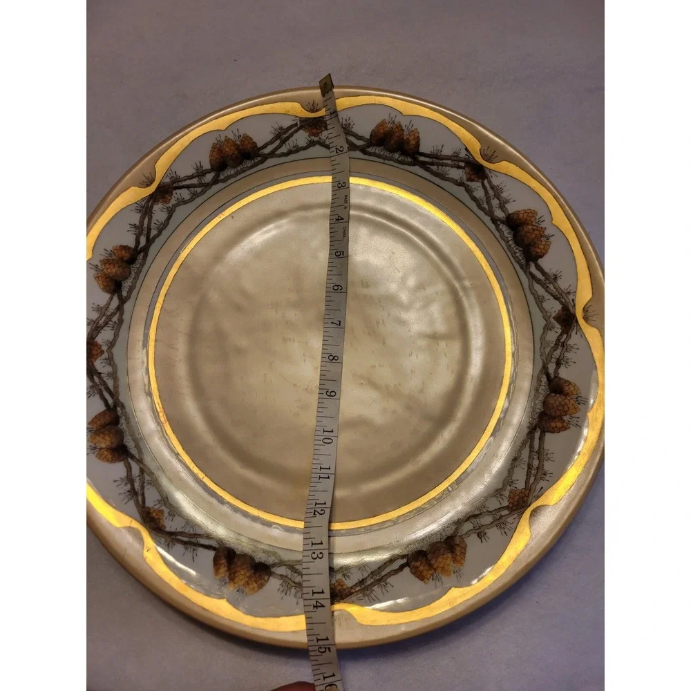 Bavaria‎ Porcelain Plate Vintage Pinecone Gold Gilt Rustic Cabin Decor Tan 15